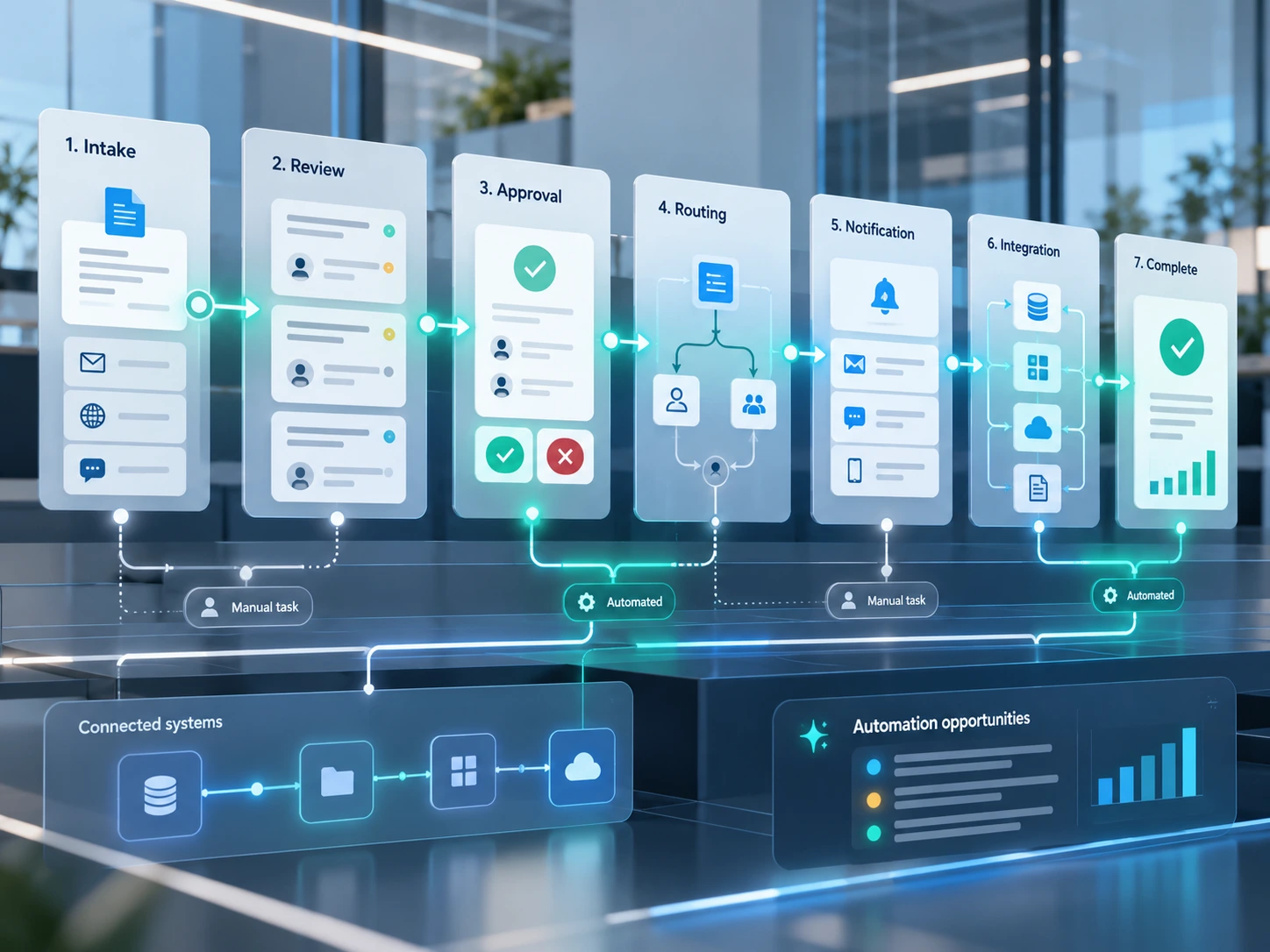 Workflow automation assessment mapping intake, review, approvals, routing, notifications, integrations, and manual handoffs