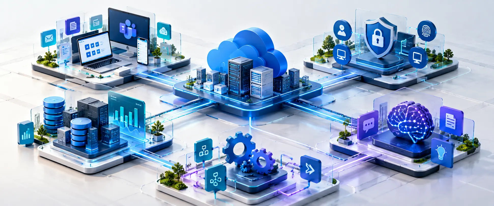 Connected Microsoft technology ecosystem spanning workplace, cloud, security, data, automation, and AI