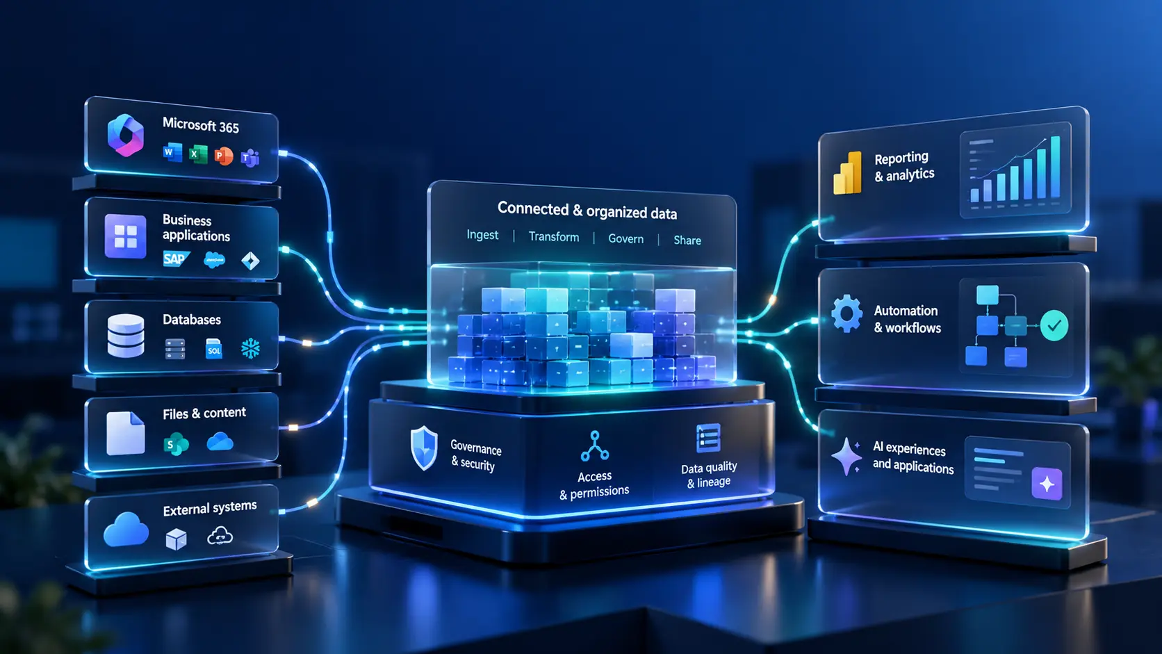 Connected business data from applications, files, and databases supporting reporting and AI