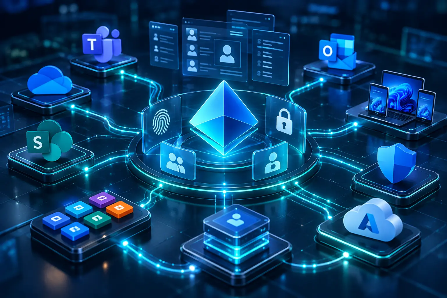 Microsoft Entra identity and access controls connecting users, devices, and applications