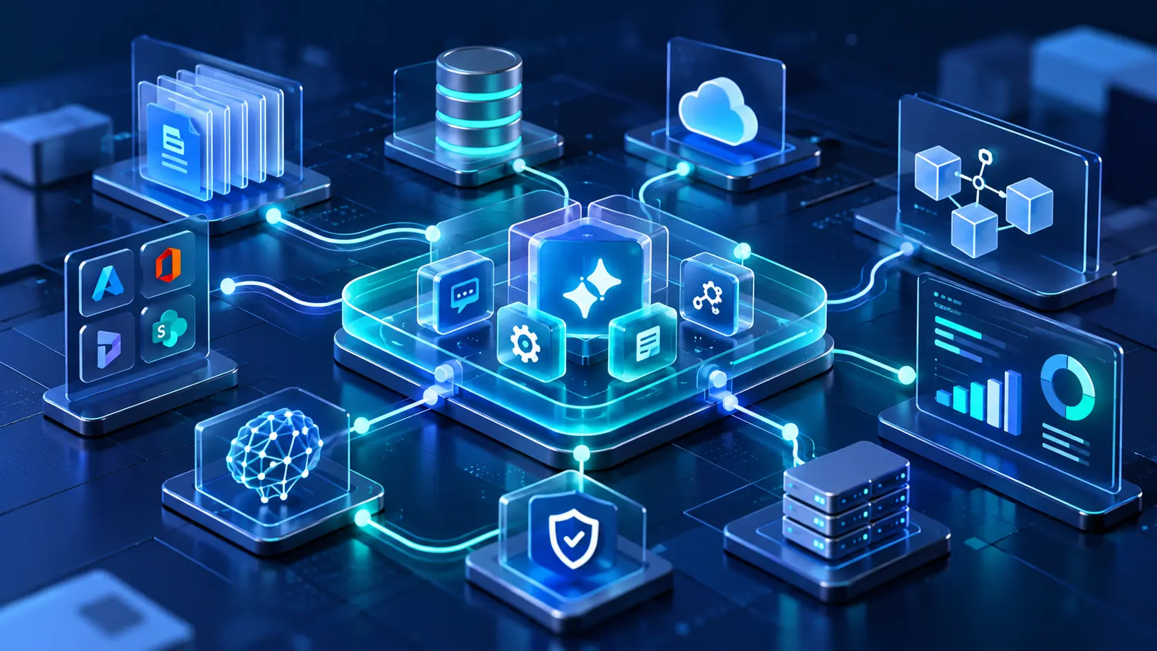 Microsoft AI architecture connecting models, agents, business data, and applications