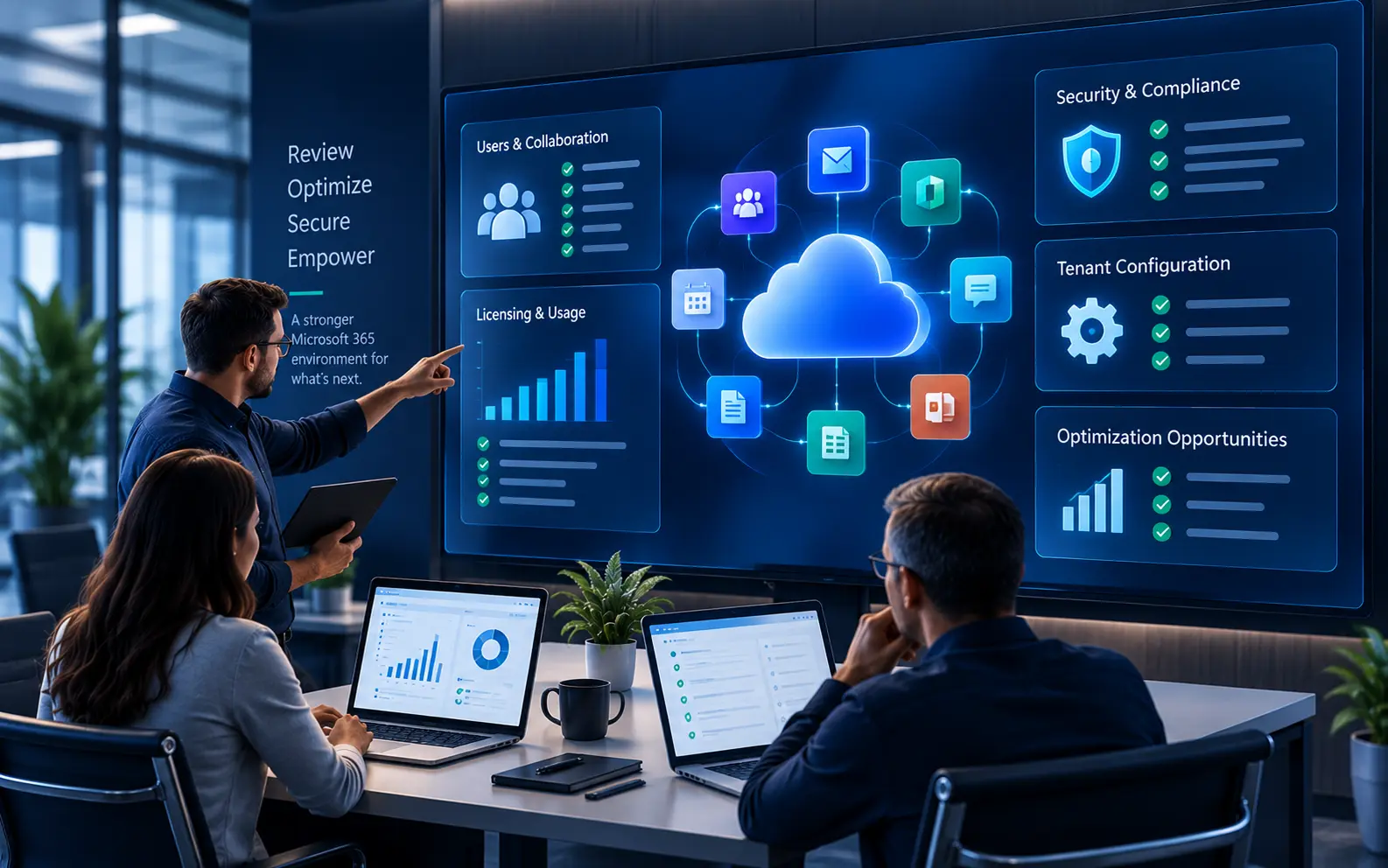 Microsoft 365 environment review across administration, collaboration, identity, and licensing