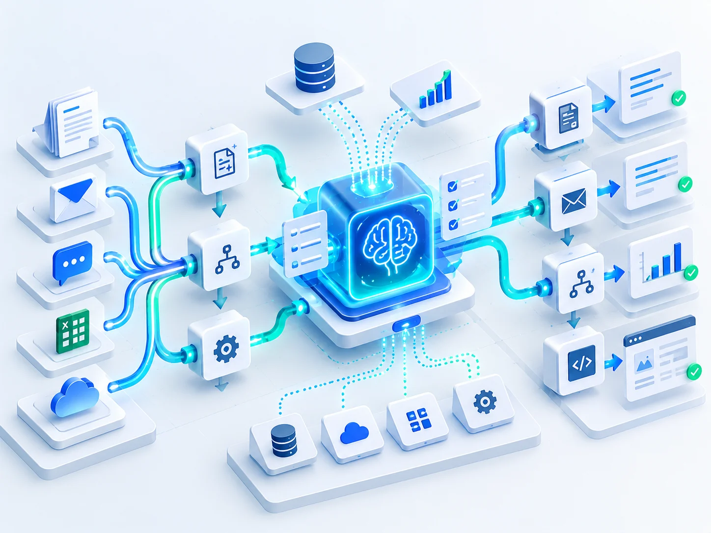 Applied automation and AI workflow connecting business systems, data, decisions, integrations, and outputs