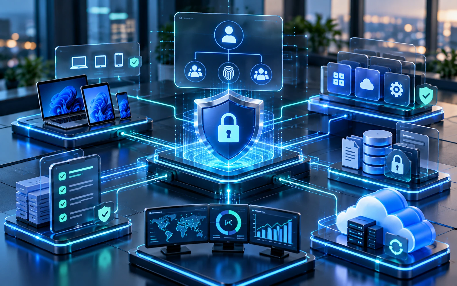 Secure Microsoft environment connecting identity, devices, applications, data, cloud services, and security controls